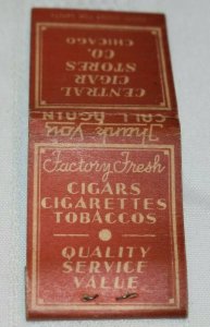 Central Cigar Stores Co. Chicago Illinois 20 Strike Matchbook Cover