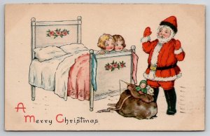 Christmas Santa Claus Brings Gifts to Darling Children in Bed Postcard J22