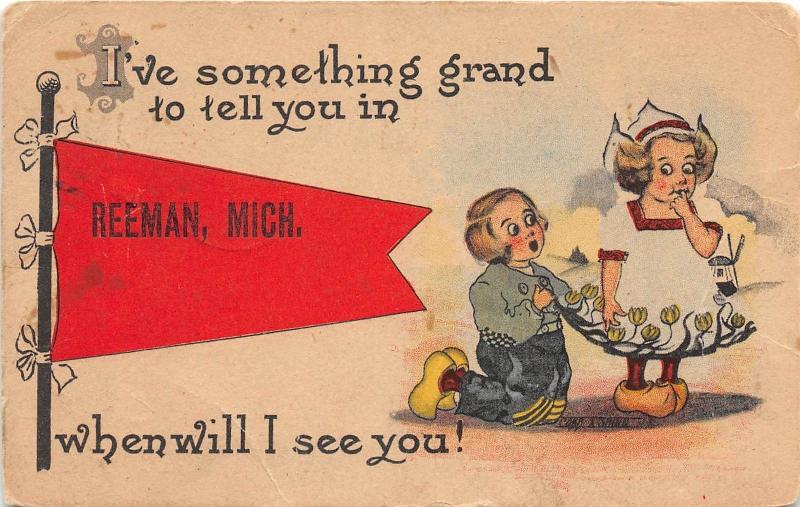 <A2> Michigan Mi PENNANT Postcard 1915 REEMAN Kids SOMETHING GRAND TO TELL 