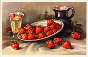 Still Life Strawberries on a Plate and a Jug and Glass Vintage Postcard C213