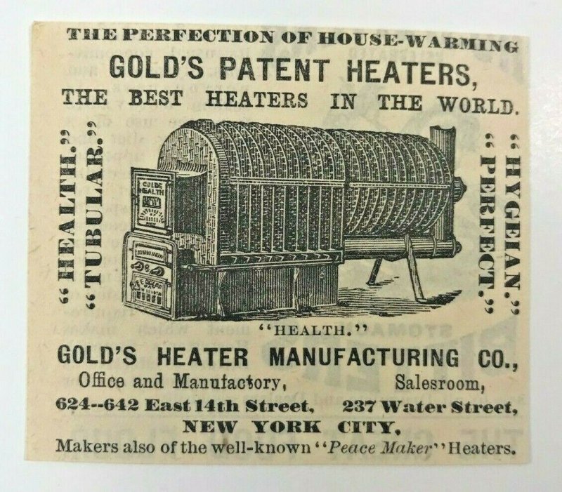 1884 Golds Patent Heaters New York City Victorian Print Ad 2v1 75 Ephemera Chromo And Printed