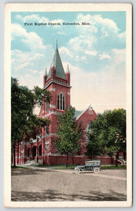 Columbus Mississippi~First Baptist Church~Vintage Cartoon Car~1920s Postcard 