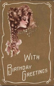 Art Nouveau Birthday Beautiful Woman in Braids c1910 Vintage Postcard