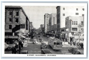 Sacramento California CA Postcard K Street Streetcar Exterior View c1940 Vintage