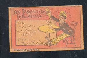 SOUVENIR OF EL PASO TEXAS VINTAGE LEATHER POSTCARD DRUNK BUM MAN