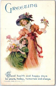 VINTAGE POSTCARD CLASSICAL GREETINGS EDWARDIAN WOMAN AND GIRL POSTED 1921