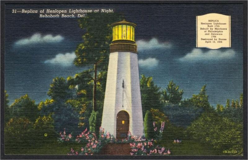 Rehoboth Beach DE Cape Henlopen Lighthouse Replica 1940s Linen Postcard