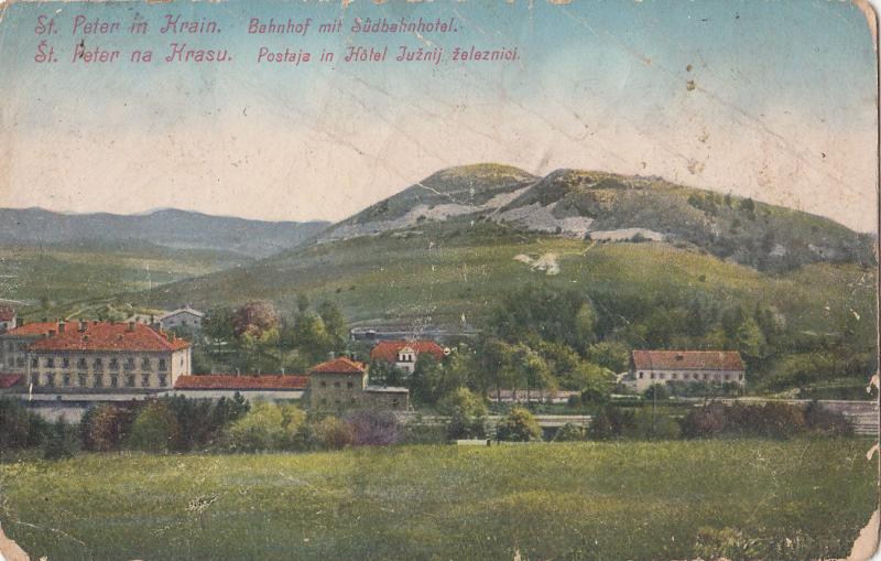 Slovenia Šent Peter na Krasu Pivka Train Station & Hotel 1910s postcard