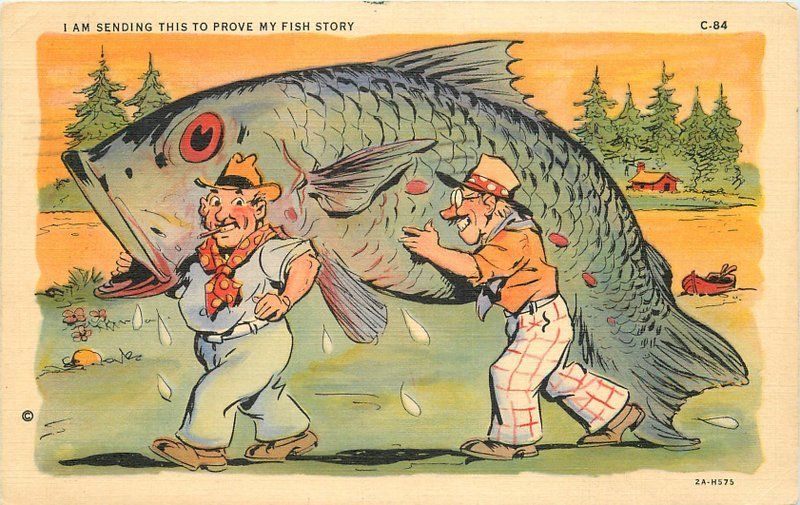 Fishing exaggeration 1937 Ray Walters Comic Humor Teich linen postcard ...
