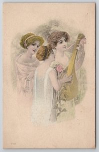 Pretty Women Artist Signed Weiss Flowers and Mandolin Postcard E26