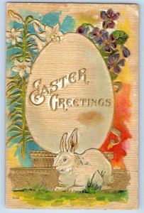 Hagelton ND Postcard Easter Greetings Big Egg Rabbit Flowers Embossed c1910's