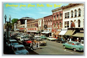 Vintage 1950's Postcard Greetings From Glens Falls New York - Stores Cars People