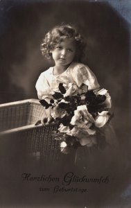 Victorian Style Happy Birthday Cute Little Girl Flower Bouquet Vintage RPPC C311