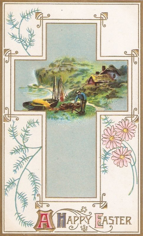 Cross with lovely landscape· Old vintage American Easter postcard