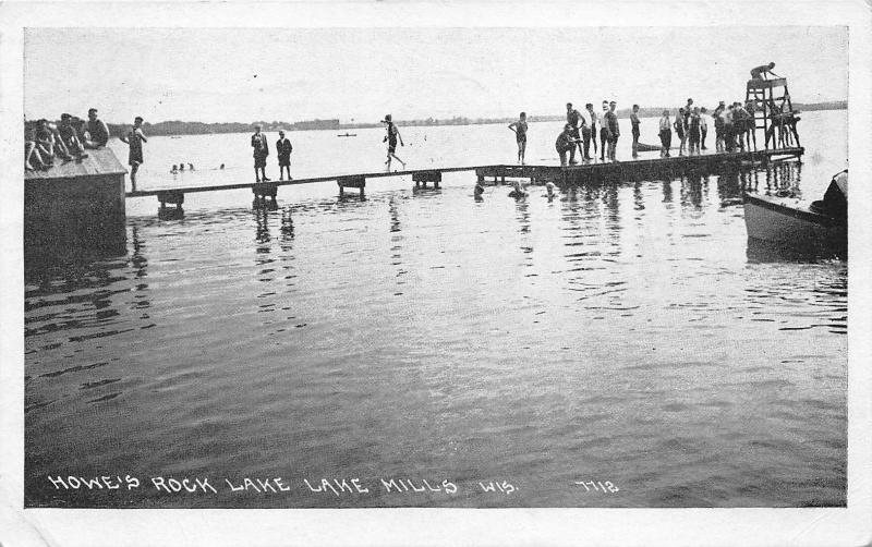 Lake Mills Wisconsin~Howe's Rock Lake~Boys Swimming/Standing on Dock~1926 PC