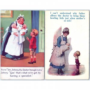 x2 LOT c1910s Nurse Baby Birth Comic Art Delivery PC Funny Twins D Tempest A146