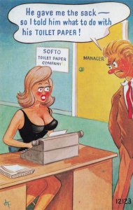 Sexy Secretary Shocked by Boss at Toilet Paper Company 1970s Comic Postcard