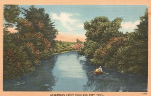 Vintage Postcard Greetings From Traverse City Michigan MI Lake Boating Tichnor