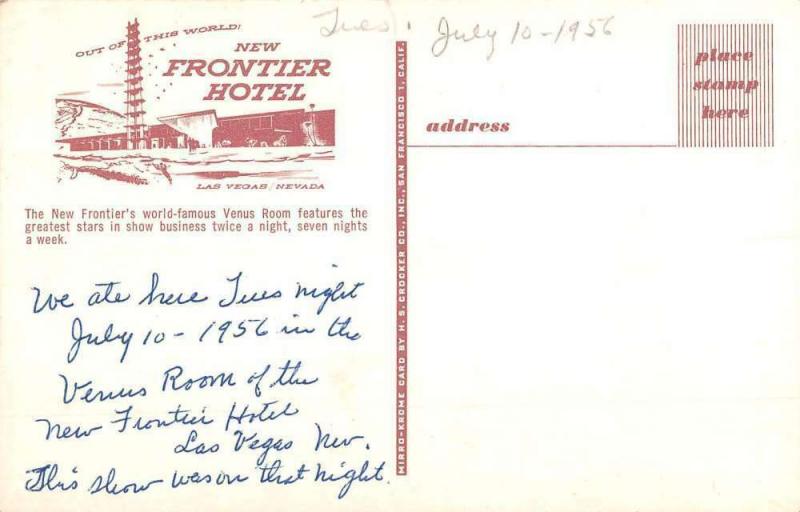Las Vegas Nevada New Frontier Hotel Venus Room Vintage Postcard K97944