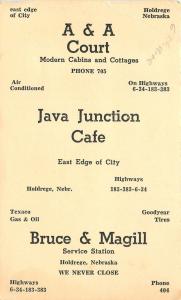 Holdrege NE~A&A Court~Java Junction Cafe~Bruce & McGill Station~Mileage Adv Card