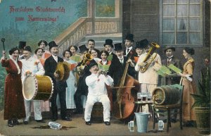 New Year musical band instruments cello drum wine greetings postcard Switzerland