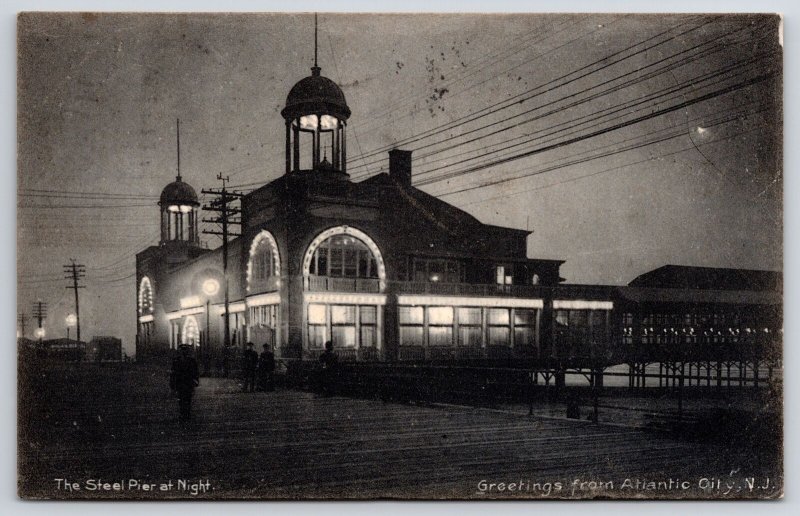 1907 Steel Pier Night Greetings From Atlantic City New Jersey NJ Posted Postcard