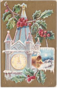 Happy New Year, Clock Tower, Bell, Holly, Rural Scene, 1910 Greeting Postcard