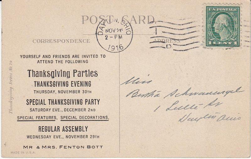 Thanksgiving Post Card 1916 w/Party Invitation on Back