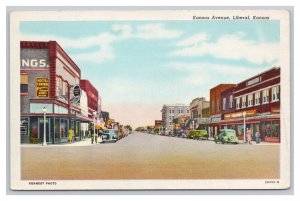 Postcard Kansas Avenue Liberal Kansas Antique Autos Storefronts Signs