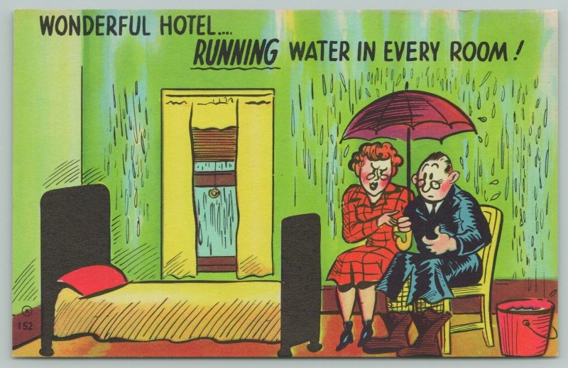 Comic Pun~Couple & Umbrella~Running Water Hotel Room~1940s Linen Postcard