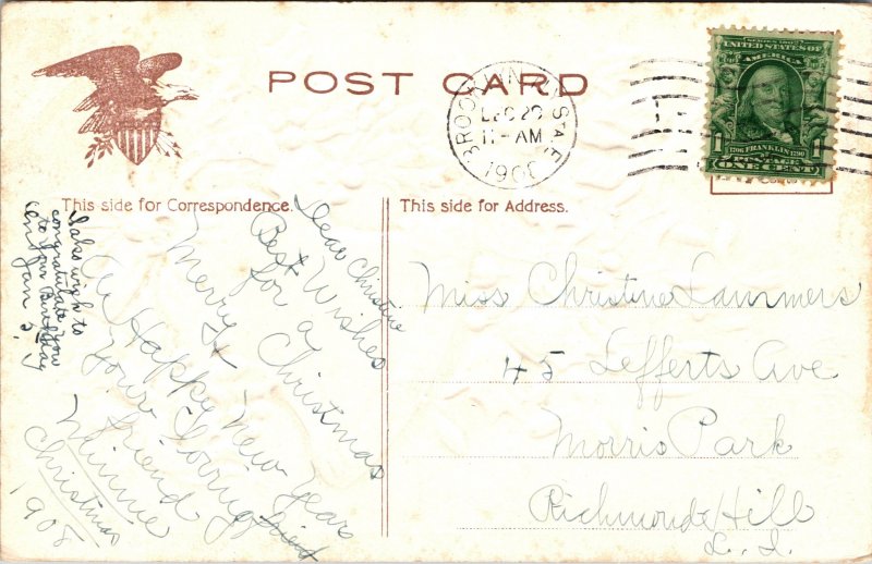 Postcard Christmas Bell with red ribbon holly mistletoe 1908 Brooklyn