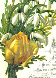 1880s Victorian Christmas Card Yellow Rose Snow Drops Flowers #C