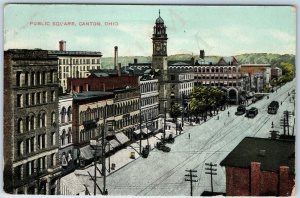 c1900s Canton, OH Public Square Downtown Birds Eye Streetcar Trolley Car PC A204