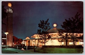 New York Worlds Fair Expo 1964~The Pavilion Seen @ Night~PM 1965~Vtg Postcard