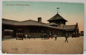 Fall River Mass, Railway Station Horse & Carriages Postcard C5