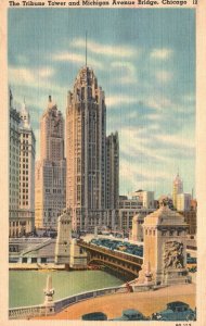 Vintage Postcard 1940 The Tribune Tower and Michigan Avenue Bridge Chicago ILL