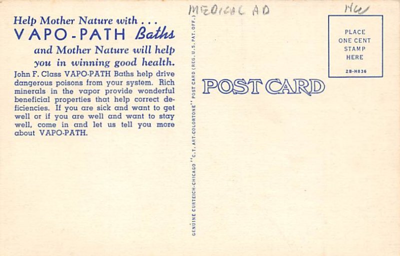 Advertising Post Card Vapo Path Baths, Medical Unused