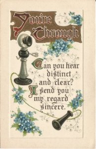 Old Fashioned Telephone and Bouquets of Forget Me Nots Embossed Postcard Vintage