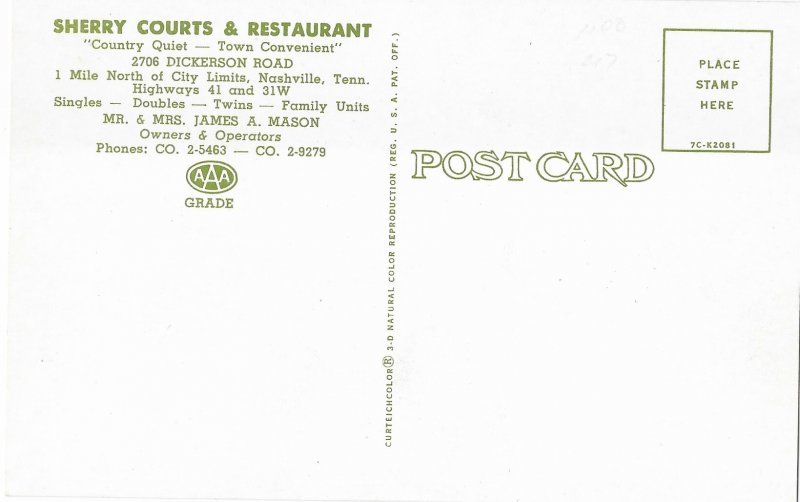Sherry Courts & Restaurant Country Quiet Town Convenient Nashville Tennessee