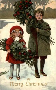 Christmas Boy and Girl With Holly and Mistletoe c1910 Vintage Postcard