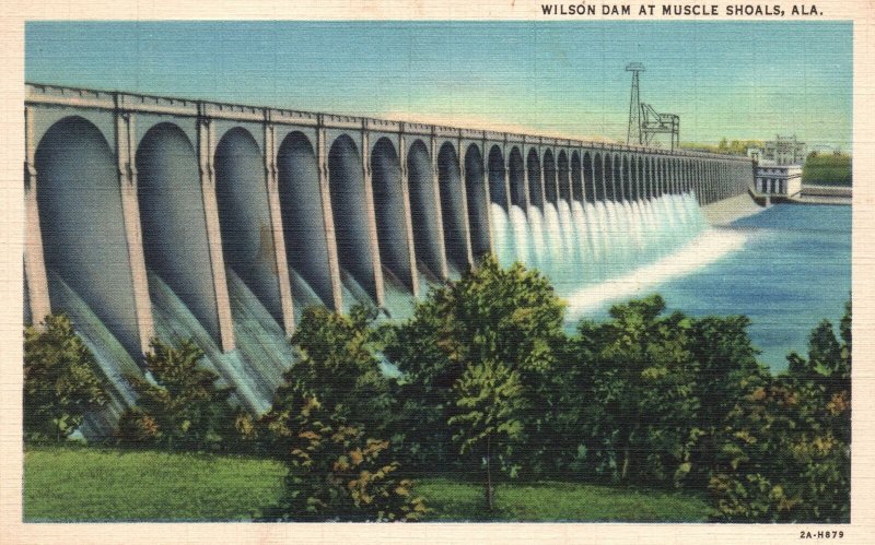 Vintage Postcard Wilson Dam At Muscle Shoals Alabama AL Palace Drug Store Pub.