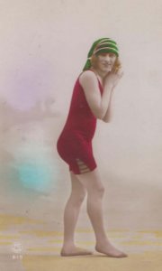 Green Striped Stripey Noddy Style Wooly Hat Red Swimsuit WW1 Fashion Postcard