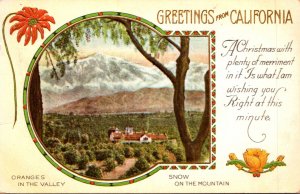 California Christmas Greetings Showing Oranges In The Valley and Snow On The ...