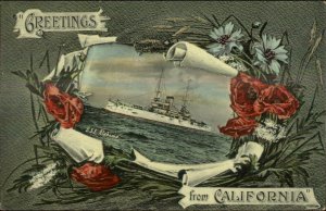 US Navy Battleship USS Alabama California Roses Border c1910 Postcard