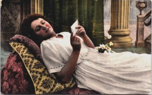 Woman Lies on a Sofa with an Envelope in Her Hand Vintage Postcard C202