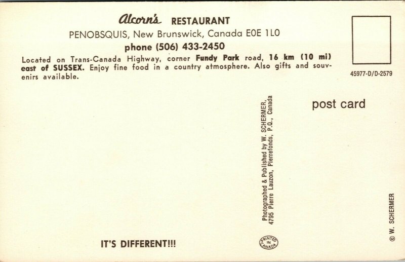 Vtg Alcorn's Restaurant Penobsquis New Brunswick Canada Postcard