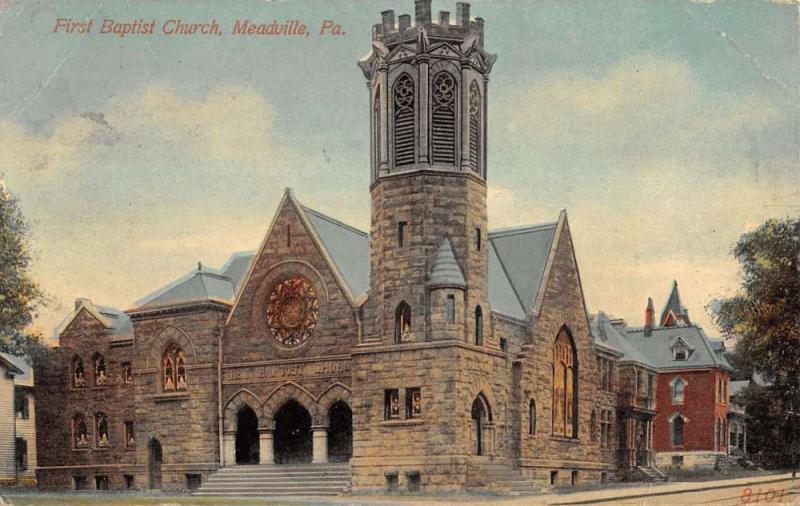 Meadville Pennsylvania First Baptist Church Street View Antique Postcard K16021