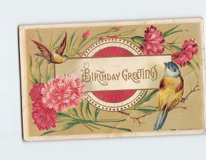 Postcard Birthday Greetings with Flowers Birds Embossed Art Print