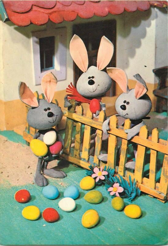 Easter greetings rabbits puppets Hungary postcard