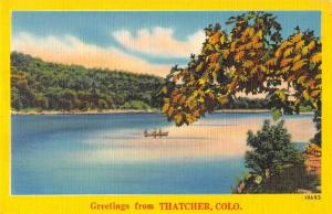 Thatcher Colorado Greetings From boaters on river linen antique pc Z51261 